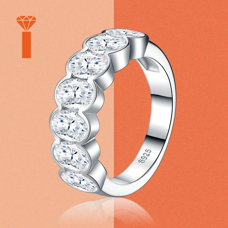 Oval Cut Bezel-Set Half Eternity S925  Silver Moissanite Band Connected Stone Stackable Wedding Ringfor Women  Wedding Ring