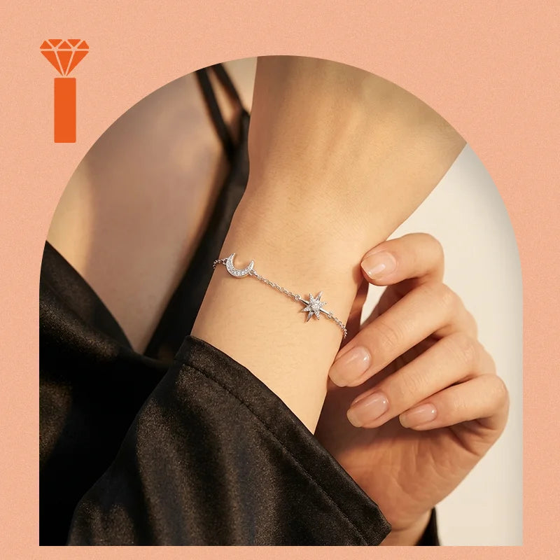 Factory Price Moon and Star Moissanite Premium 925 Silver Dainty Chain Bracelet Versatile Everyday Fine Jewelry Bracelets