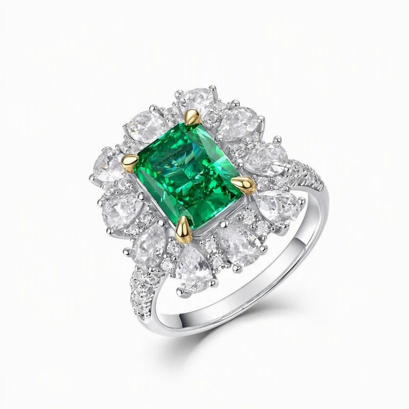 Bohemian Emerald-Cut Green Zirconia Ring in Sterling Silver, Snowflake Detail
