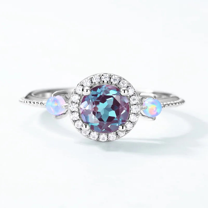 Alexandrite Gemstone Ring in 925 Sterling Silver with Round-Cut CZ Accents