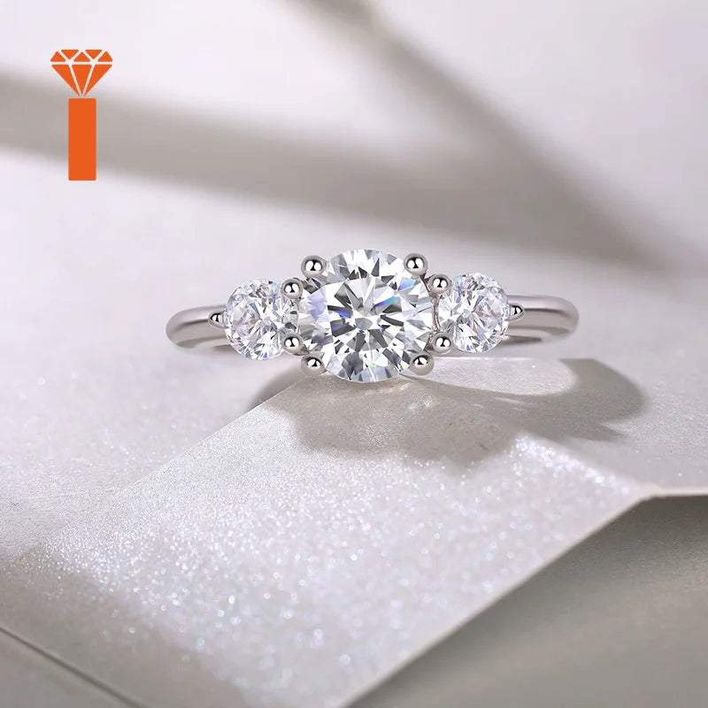 Promise Elegant Bridal Fine Jewelry Classic Three-Stone Round-Cut Moissanite Ring S925 Sterling Silver Past-Present-Future Ring