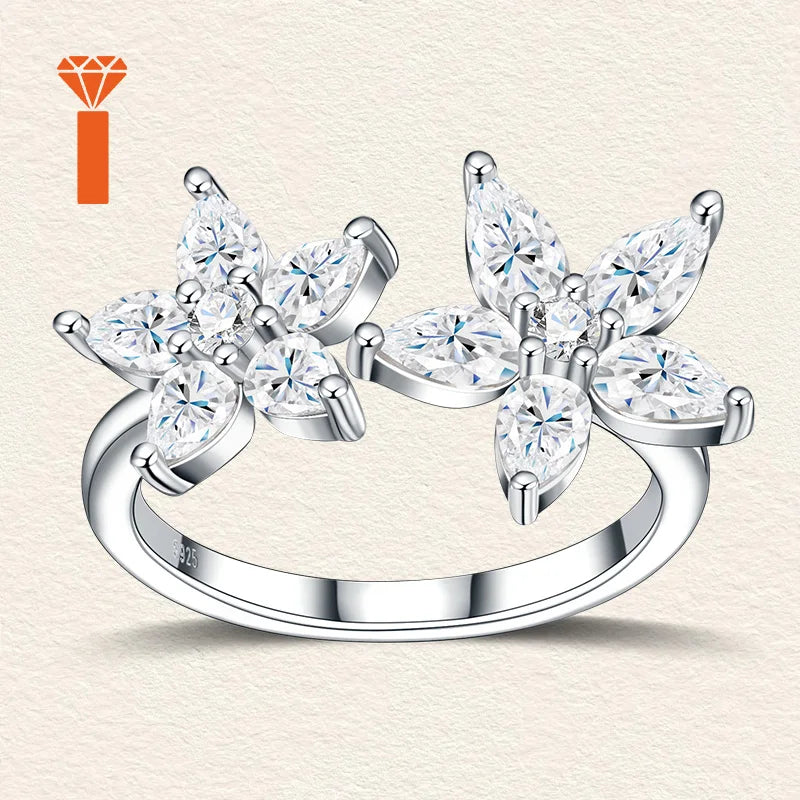 Bulk Order 2026 in Stock Bypass Dual-Flower Moissanite Ring, D Color VVS1 Pear-Cut Design, Delicate Romantic Statement Rings
