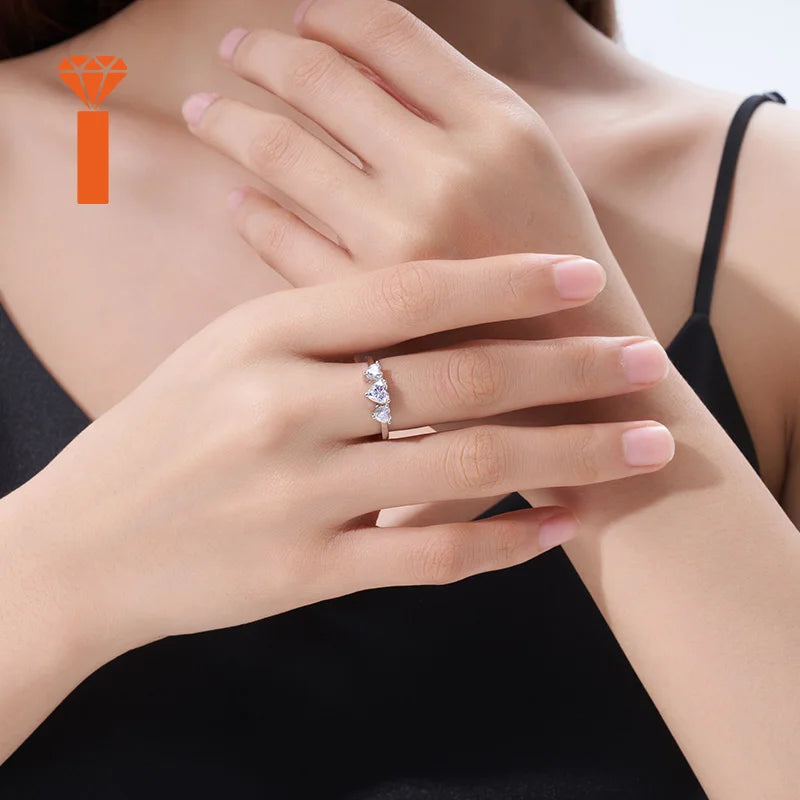 Symbolic Past-Present-Future Statement Rings S925  Heart-Cut Engagement Ring, Romantic Three-Stone Heart Moissanite Ring