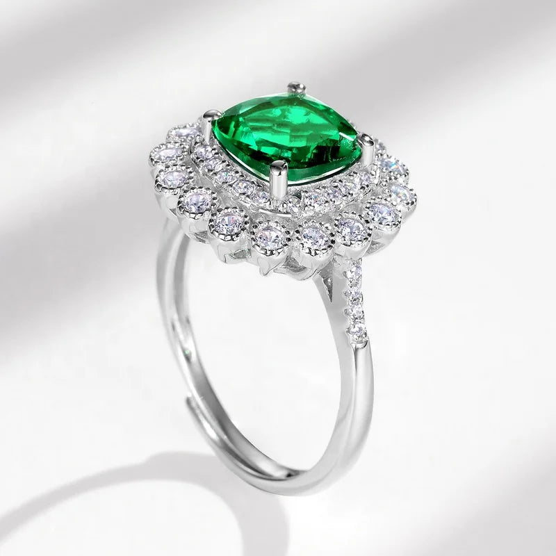 Cushion-Cut Lab-Grown Emerald Double Halo Ring in S925 Silver, Adjustable