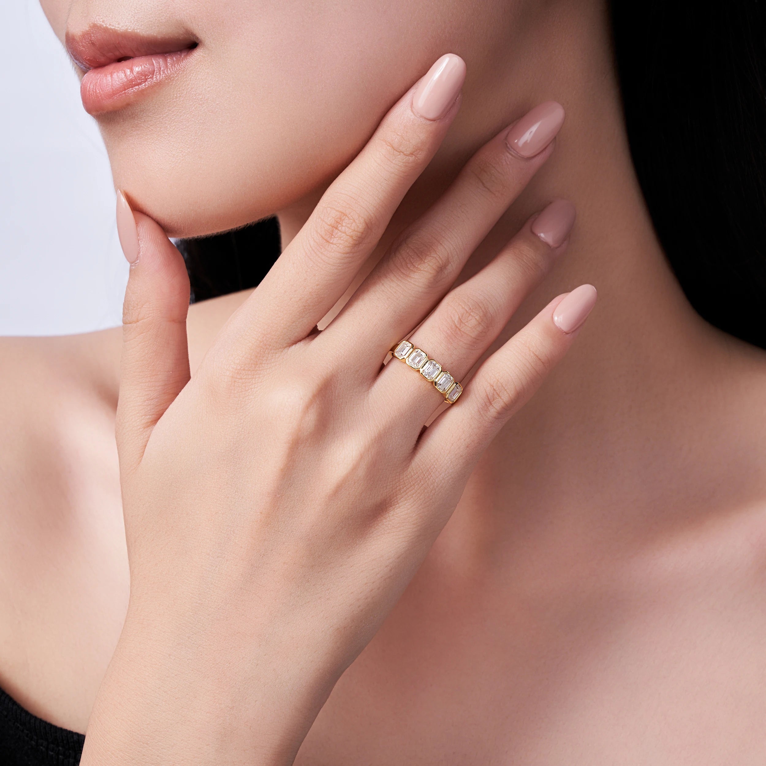 Emerald Cut 5-Stone Bezel Set Gold-Plated S925 Sterling Silver Moissanite Band Luxury  Stackable Eternity Ring for Women Ring