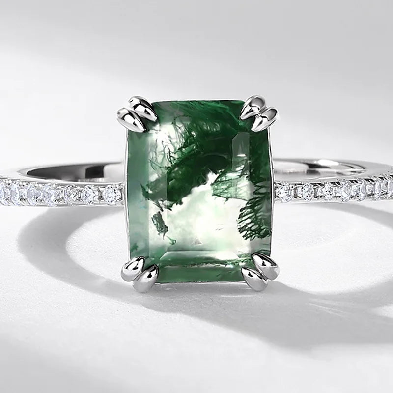 Emerald-Cut Moss Agate Bridal Ring with Pave Shank in Sterling Silver