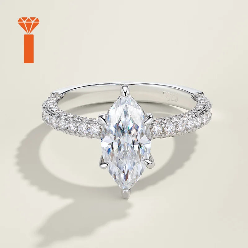 Sleek Contemporary Statement Rings D Color VVS1 Solitaire Design,  Marquise-Cut Moissanite Ring with Pave-Set Band