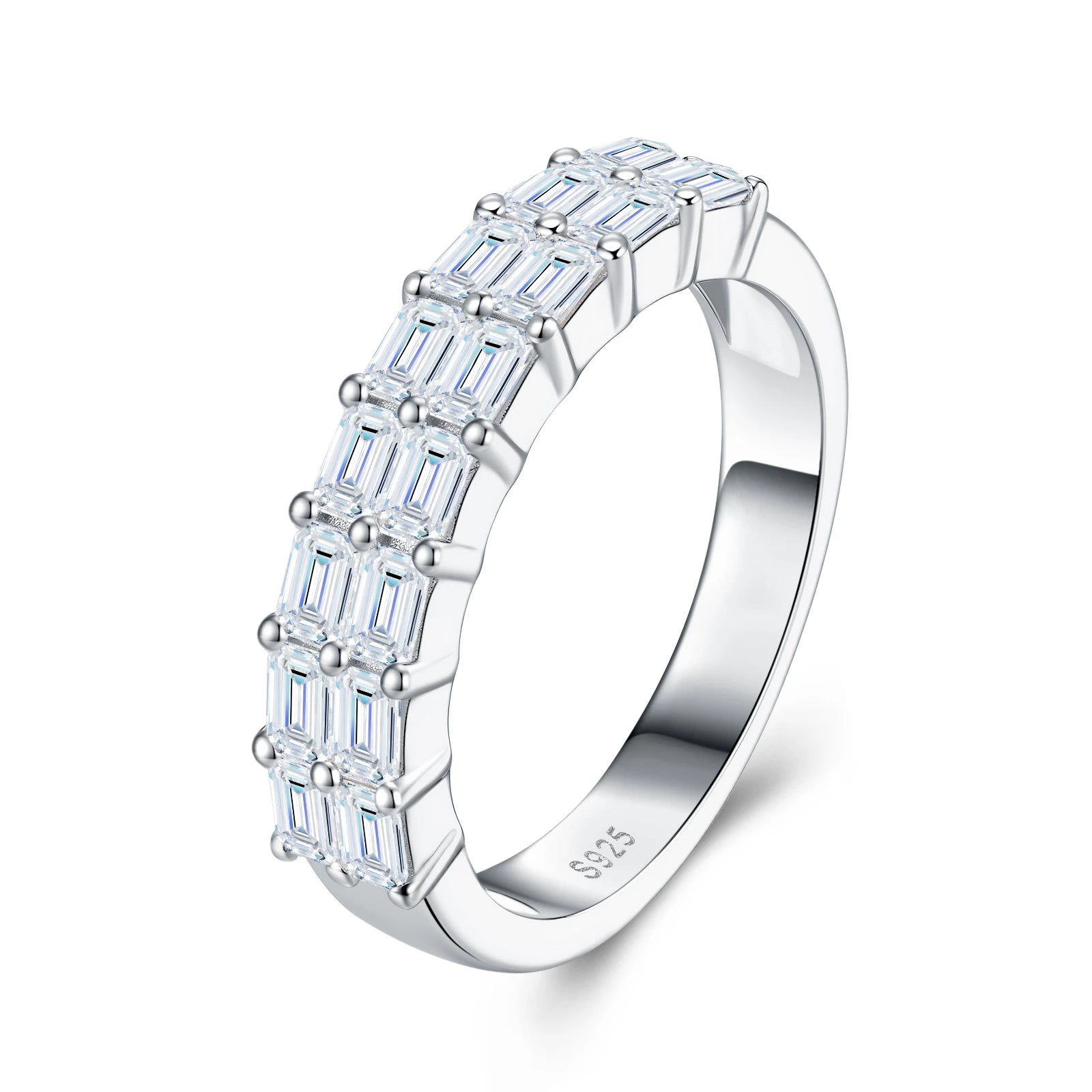 Double-Row Baguette Cut Prong-Set Half Eternity S925 Pure Silver Moissanite Band Geometric Stackable Wedding for Wedding Ring