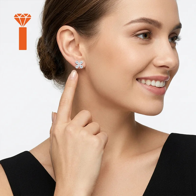 Wholesale Customization Supported Pear Cut Clover Moissanite Studs Premium 925 Silver Dainty Lucky Floral Fine Jewelry Earrings