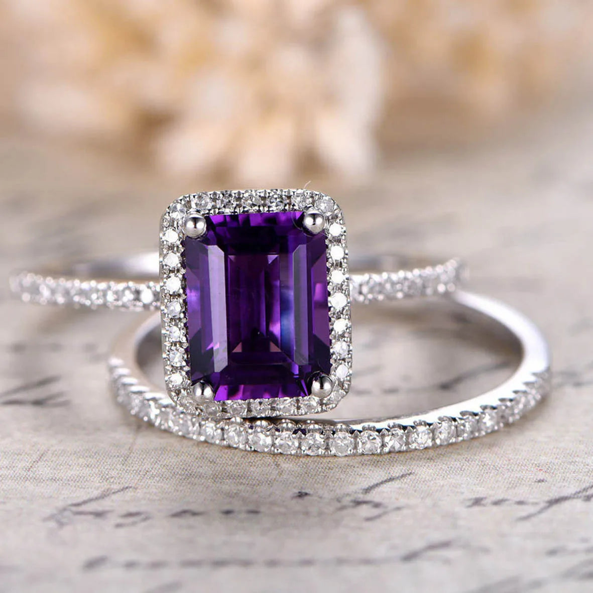 Square-Cut Amethyst Ring with Accent Stones, 925 Silver