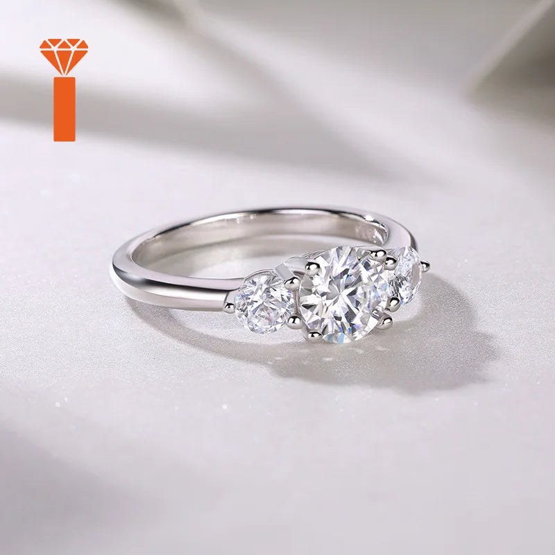 Promise Elegant Bridal Fine Jewelry Classic Three-Stone Round-Cut Moissanite Ring S925 Sterling Silver Past-Present-Future Ring