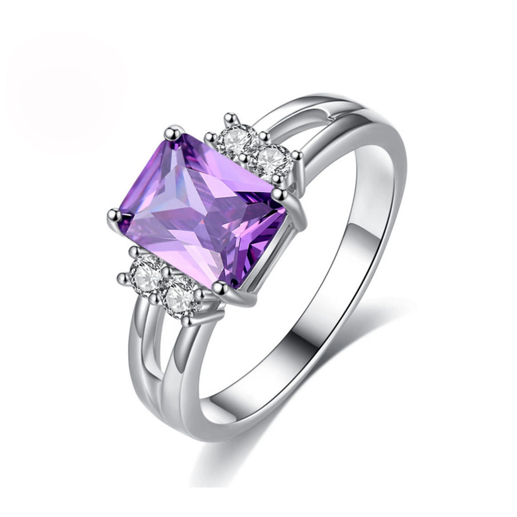 Square-Cut Amethyst Ring with Accent Stones, 925 Silver