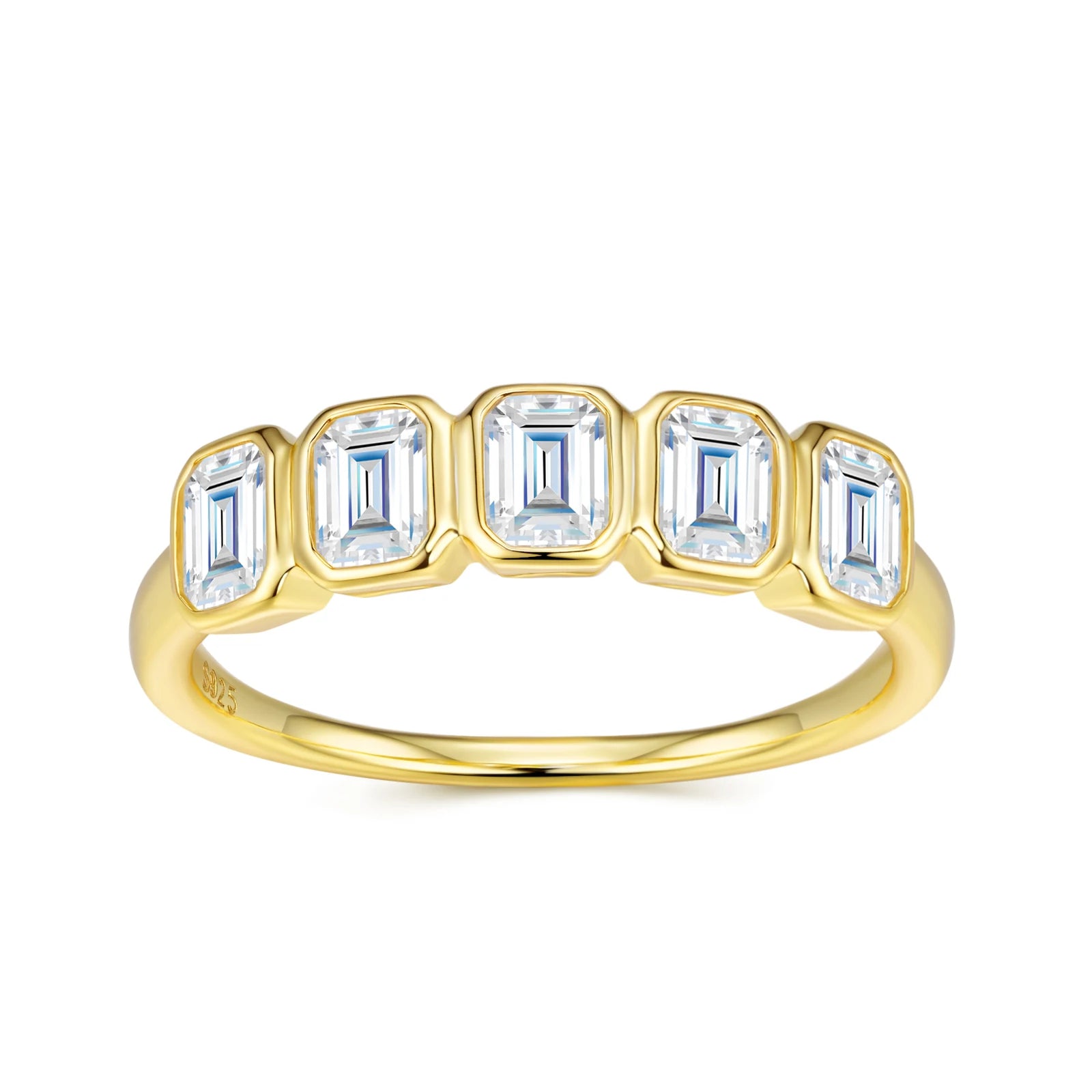 Emerald Cut 5-Stone Bezel Set Gold-Plated S925 Sterling Silver Moissanite Band Luxury  Stackable Eternity Ring for Women Ring