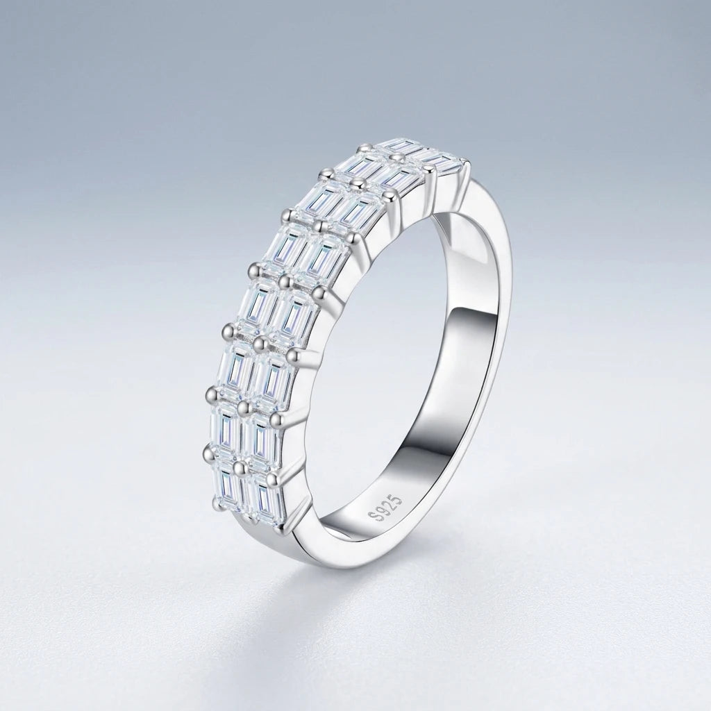 Double-Row Baguette Cut Prong-Set Half Eternity S925 Pure Silver Moissanite Band Geometric Stackable Wedding for Wedding Ring