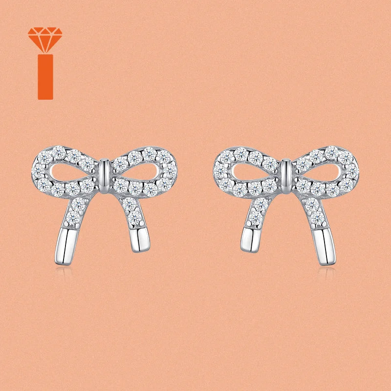 Pave Set Bowknot Moissanite Stud Earrings, S925 Sterling Silver Sweet Dainty Earrings, Elegant Girly Fine Jewelry Earrings