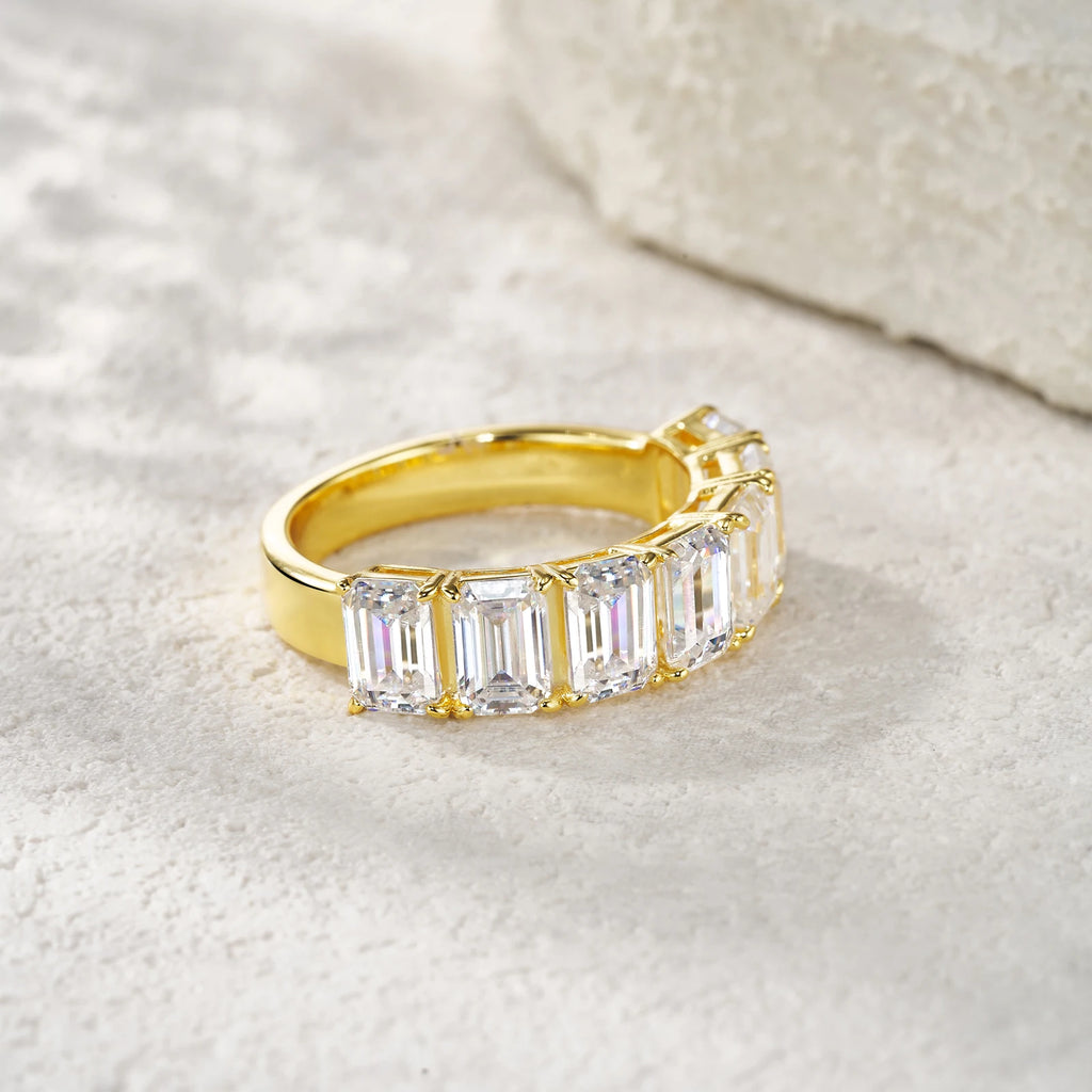 Prong-Set Emerald Cut Half Eternity Gold-Plated S925 Silver Moissanite Band Luxurious Stackable Wedding Ring for Women Ring