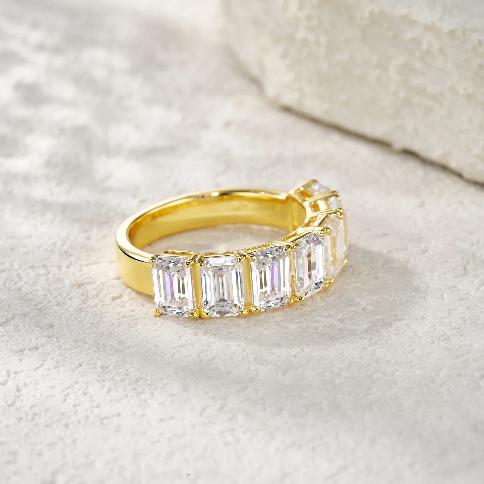 Prong-Set Emerald Cut Half Eternity Gold-Plated S925 Silver Moissanite Band Luxurious Stackable Wedding Ring for Women Ring
