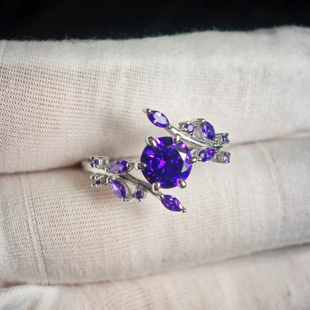 Marquise Amethyst Ring, Leaf Design in 925 Silver