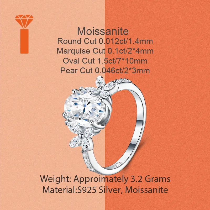 1.5ct Oval-Cut Moissanite Ring with Marquise & Round Accents Floral Halo Design Romantic Contemporary Statement Rings