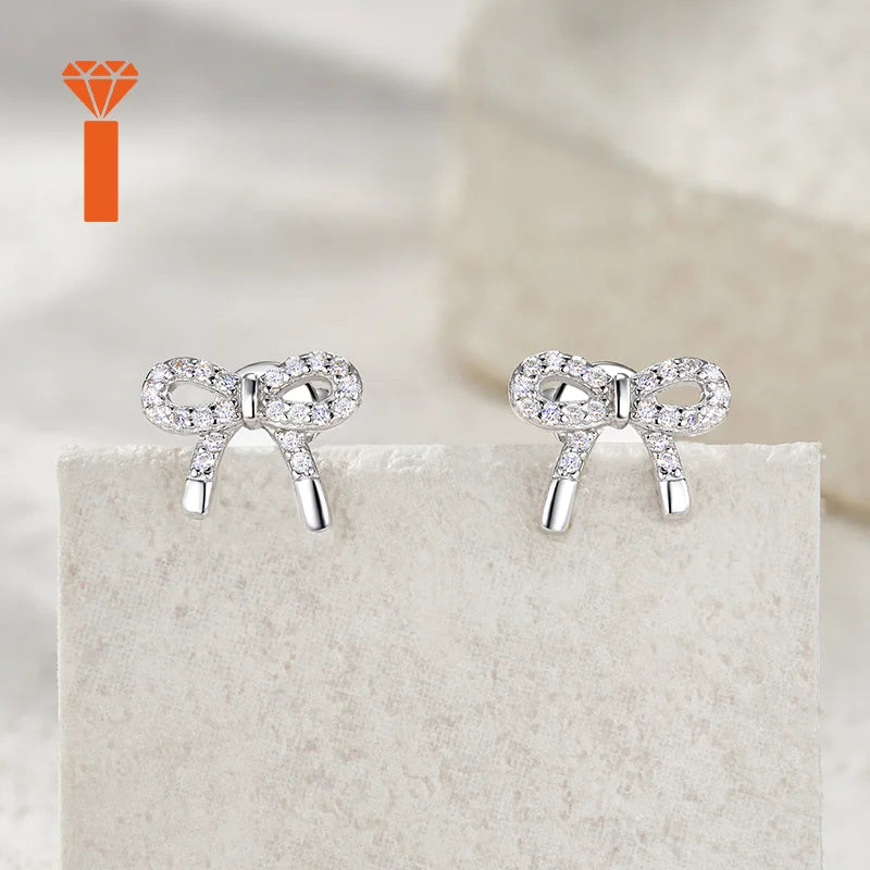 Pave Set Bowknot Moissanite Stud Earrings, S925 Sterling Silver Sweet Dainty Earrings, Elegant Girly Fine Jewelry Earrings
