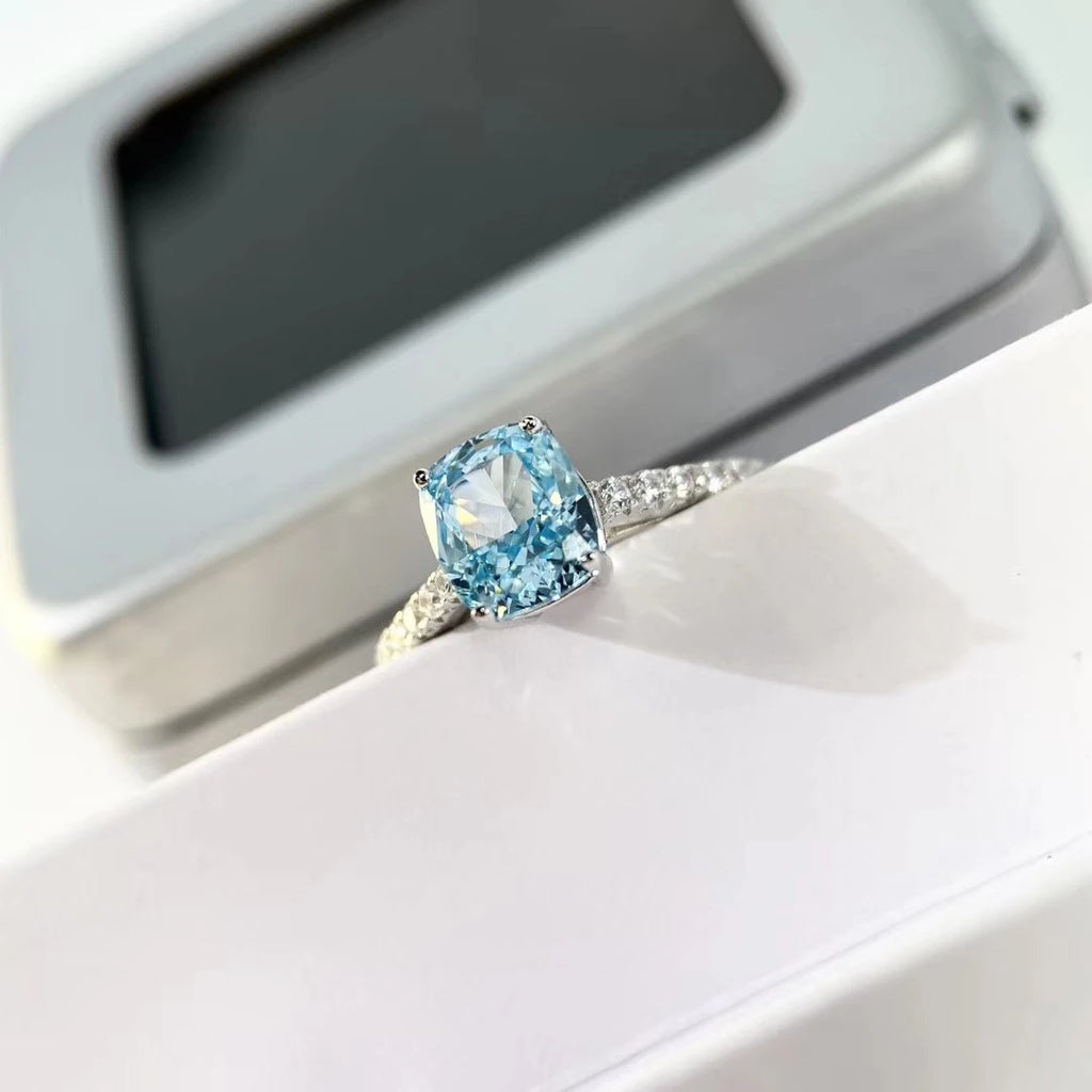 Aquamarine Ring S925 Sterling Silver 18K Gold-Plated High Carbon Diamond Topgemco Wedding Ring for Women