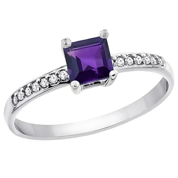 Baguette & Oval Cut Amethyst Ring, Rhodium-Plated Gold Finish
