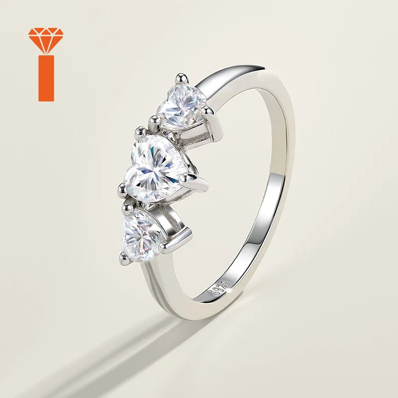 Symbolic Past-Present-Future Statement Rings S925  Heart-Cut Engagement Ring, Romantic Three-Stone Heart Moissanite Ring