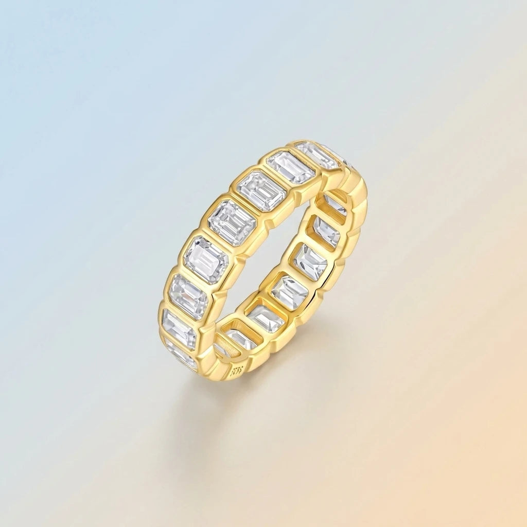 Full Eternity Bezel-Set Emerald Cut Gold-Plated S925 Silver Moissanite Band Geometric Stackable Wedding  Ring for Women Ring