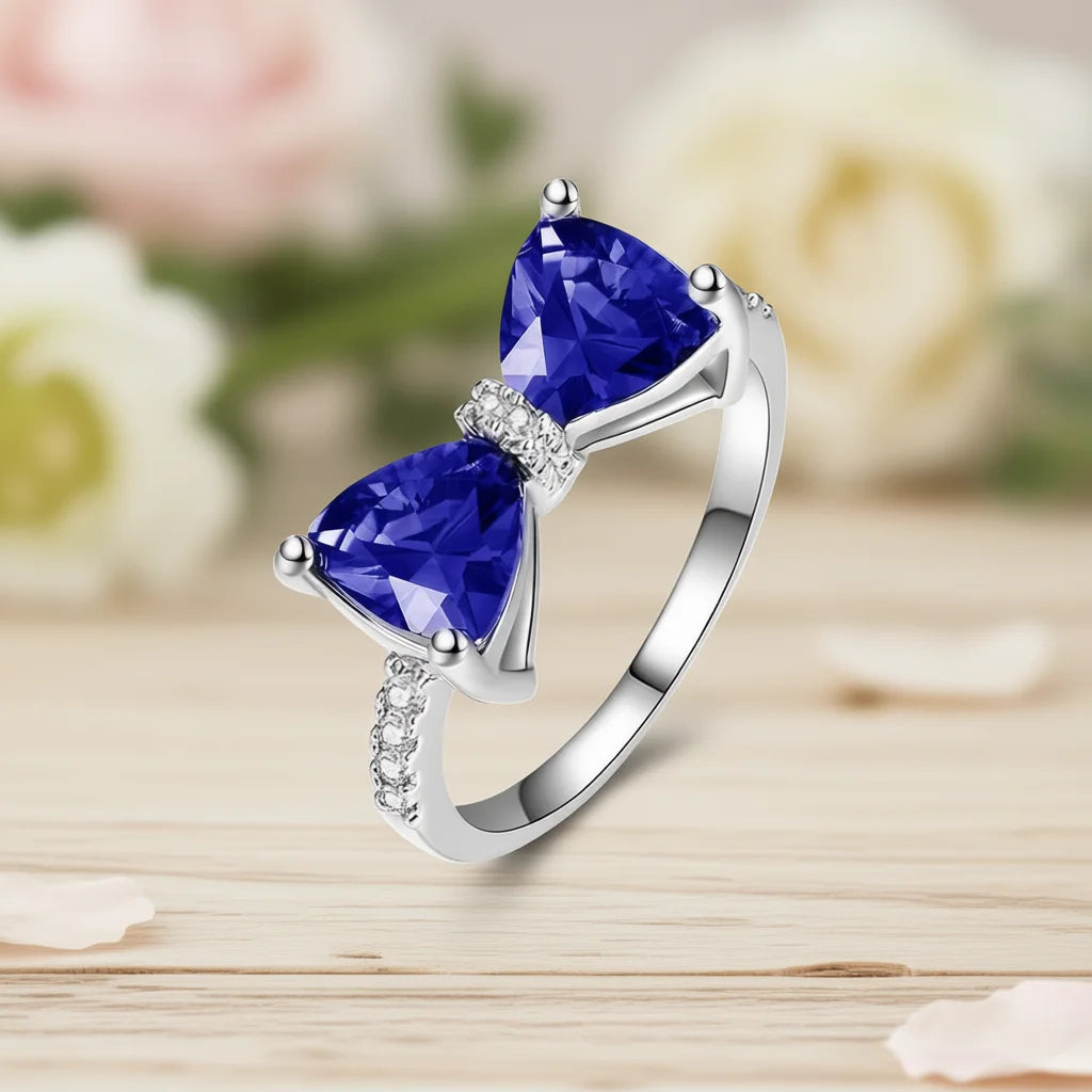 Sapphire-Blue Bow Cubic Zirconia Ring – Brass Fashion Jewelry