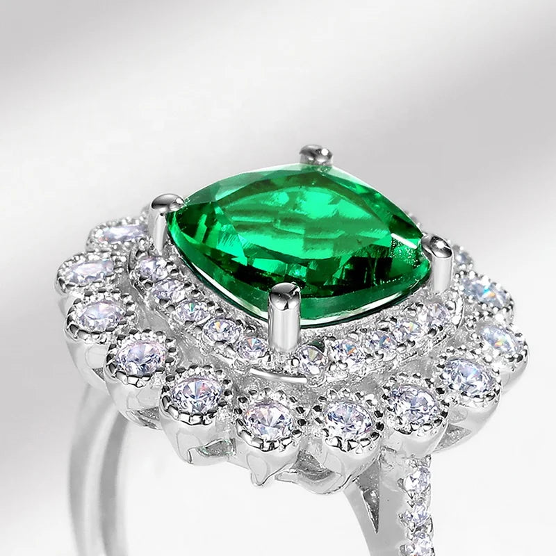 Cushion-Cut Lab-Grown Emerald Double Halo Ring in S925 Silver, Adjustable