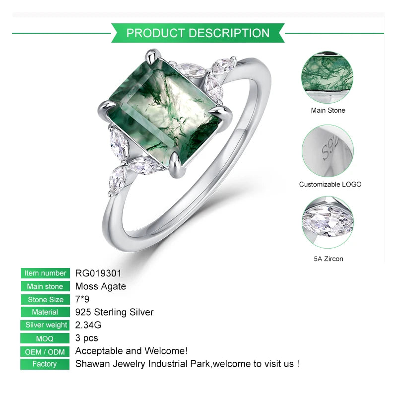 Vintage Leaf-Design Moss Agate Ring in 925 Silver, Emerald-Cut Engagement Ring