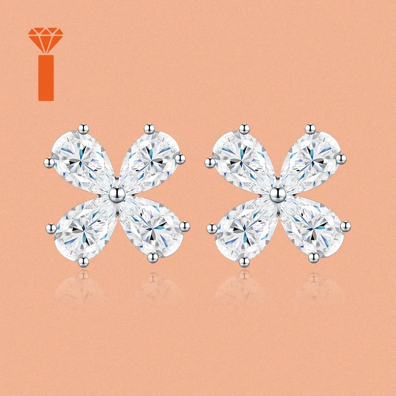Wholesale Customization Supported Pear Cut Clover Moissanite Studs Premium 925 Silver Dainty Lucky Floral Fine Jewelry Earrings
