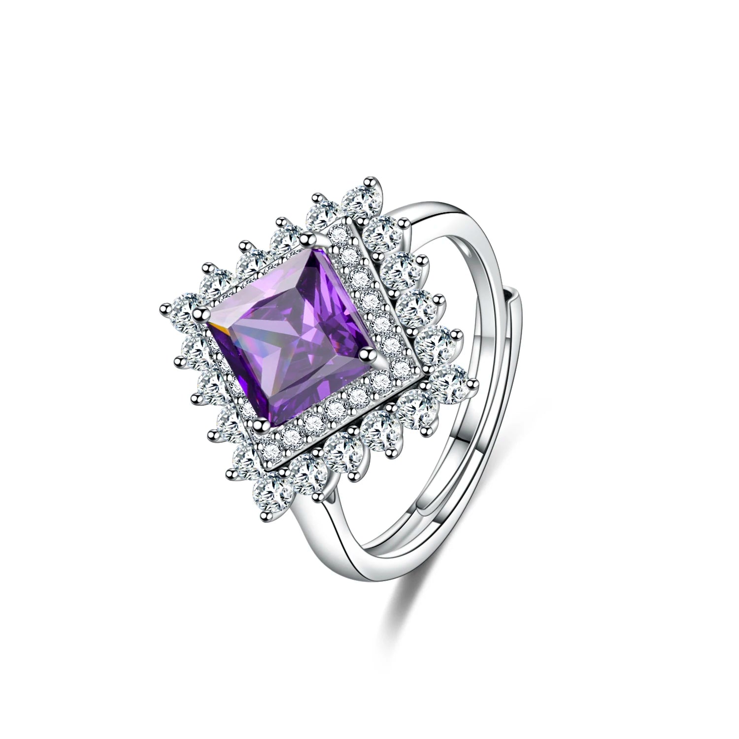 Square-Cut Amethyst Ring with Accent Stones, 925 Silver
