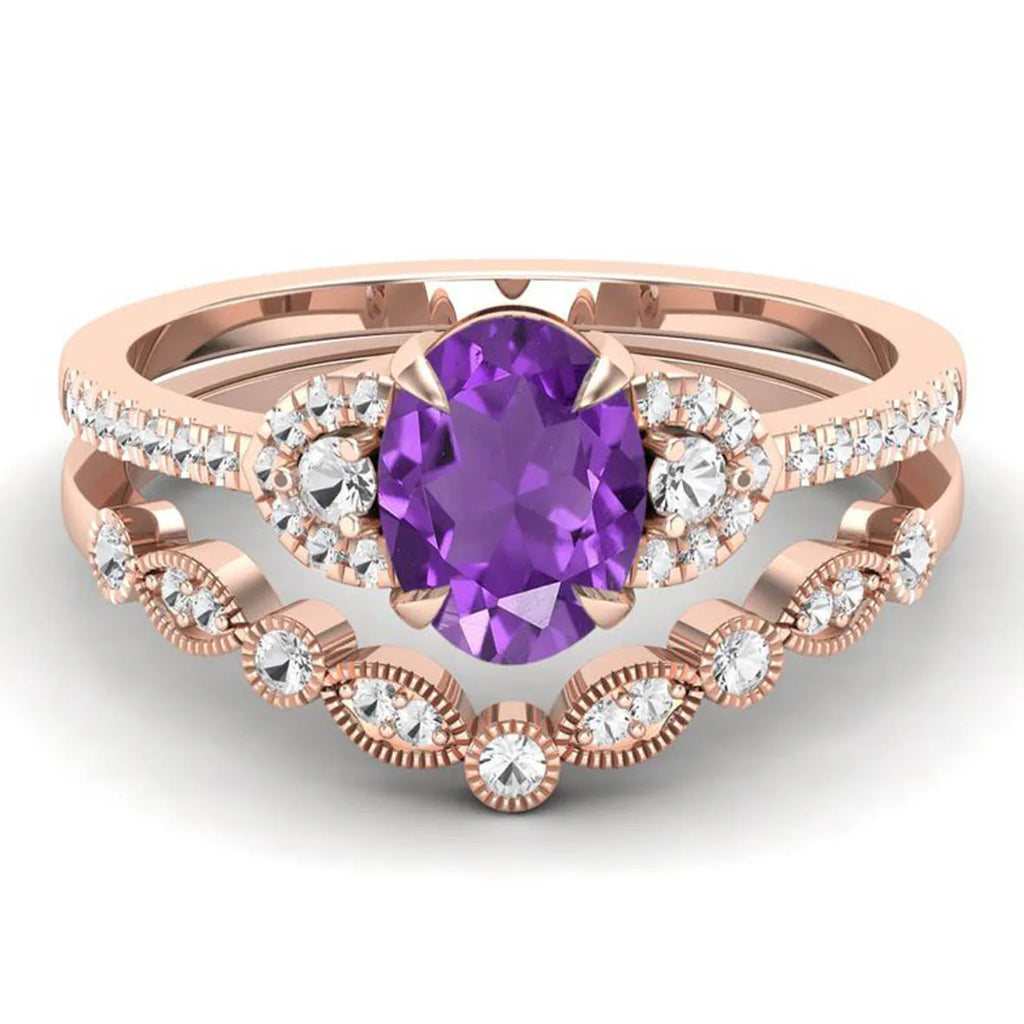 Baguette & Oval Cut Amethyst Ring, Rhodium-Plated Gold Finish