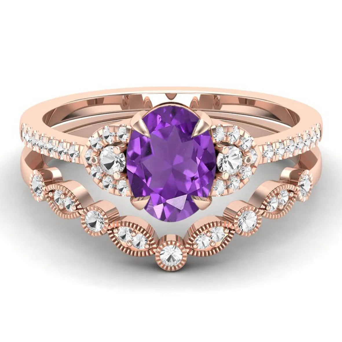 Baguette & Oval Cut Amethyst Ring, Rhodium-Plated Gold Finish