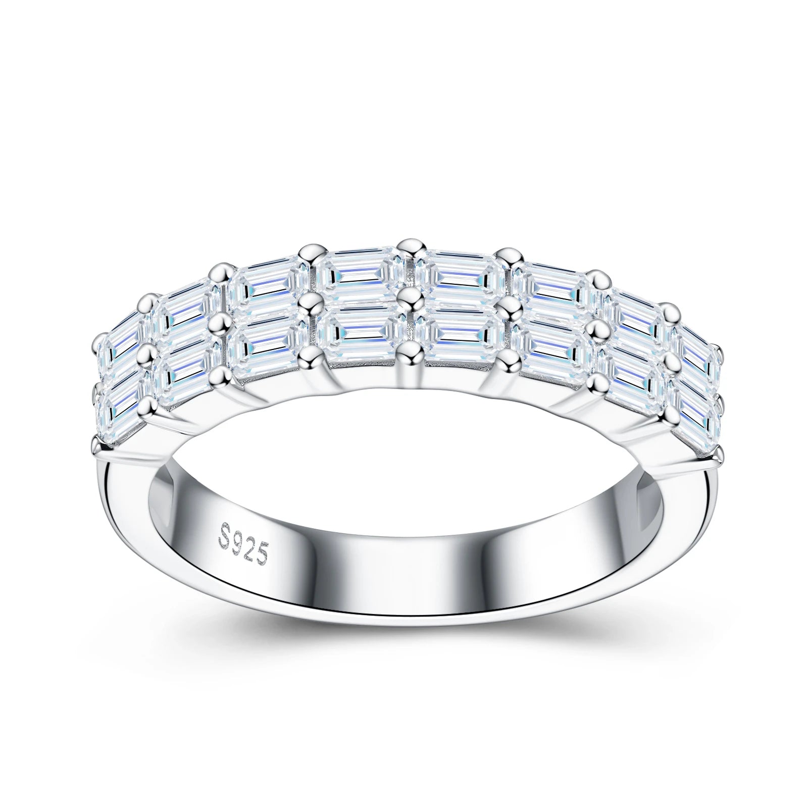 Double-Row Baguette Cut Prong-Set Half Eternity S925 Pure Silver Moissanite Band Geometric Stackable Wedding for Wedding Ring