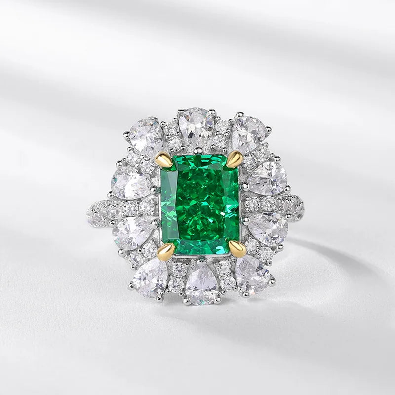 Bohemian Emerald-Cut Green Zirconia Ring in Sterling Silver, Snowflake Detail