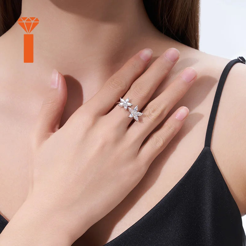 Bulk Order 2026 in Stock Bypass Dual-Flower Moissanite Ring, D Color VVS1 Pear-Cut Design, Delicate Romantic Statement Rings