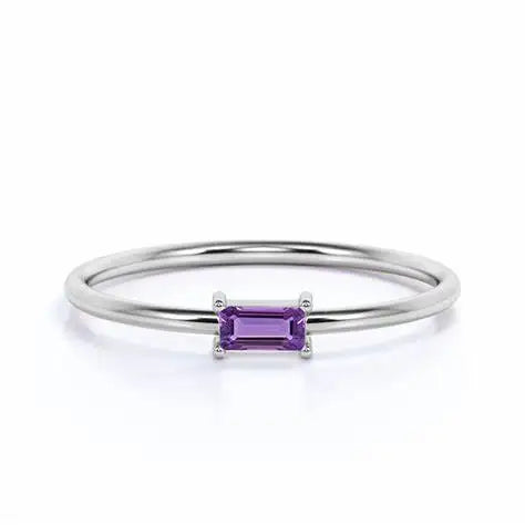 Baguette & Oval Cut Amethyst Ring, Rhodium-Plated Gold Finish
