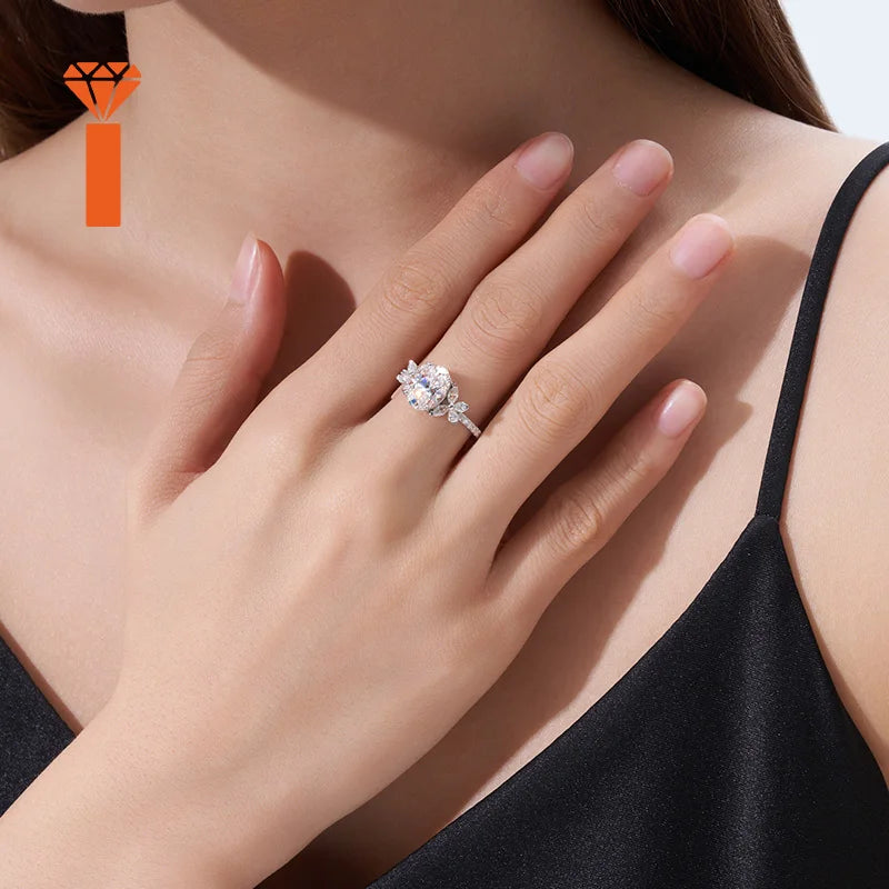1.5ct Oval-Cut Moissanite Ring with Marquise & Round Accents Floral Halo Design Romantic Contemporary Statement Rings
