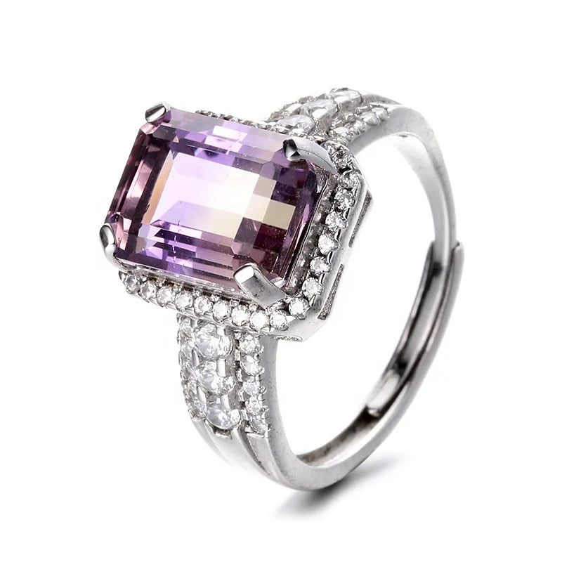 Cluster Amethyst Ring, Adjustable 925 Silver Band