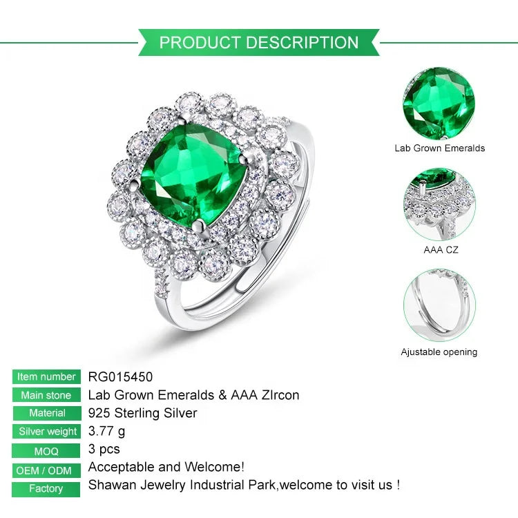 Cushion-Cut Lab-Grown Emerald Double Halo Ring in S925 Silver, Adjustable