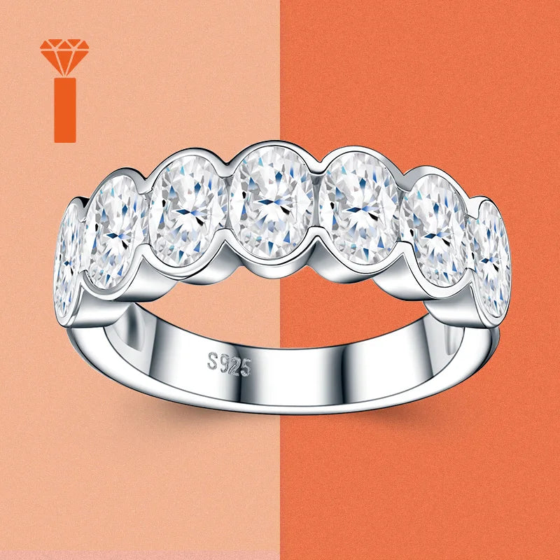 Oval Cut Bezel-Set Half Eternity S925  Silver Moissanite Band Connected Stone Stackable Wedding Ringfor Women  Wedding Ring