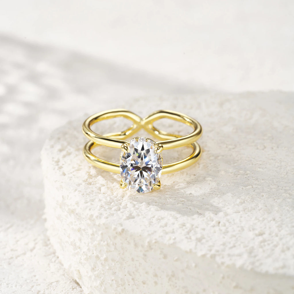Oval Cut Prong-Set With Infinity Band Gold-Plated S925 Sterling Silver Moissanite Ring Double-Band Ring for Women Daily Ring