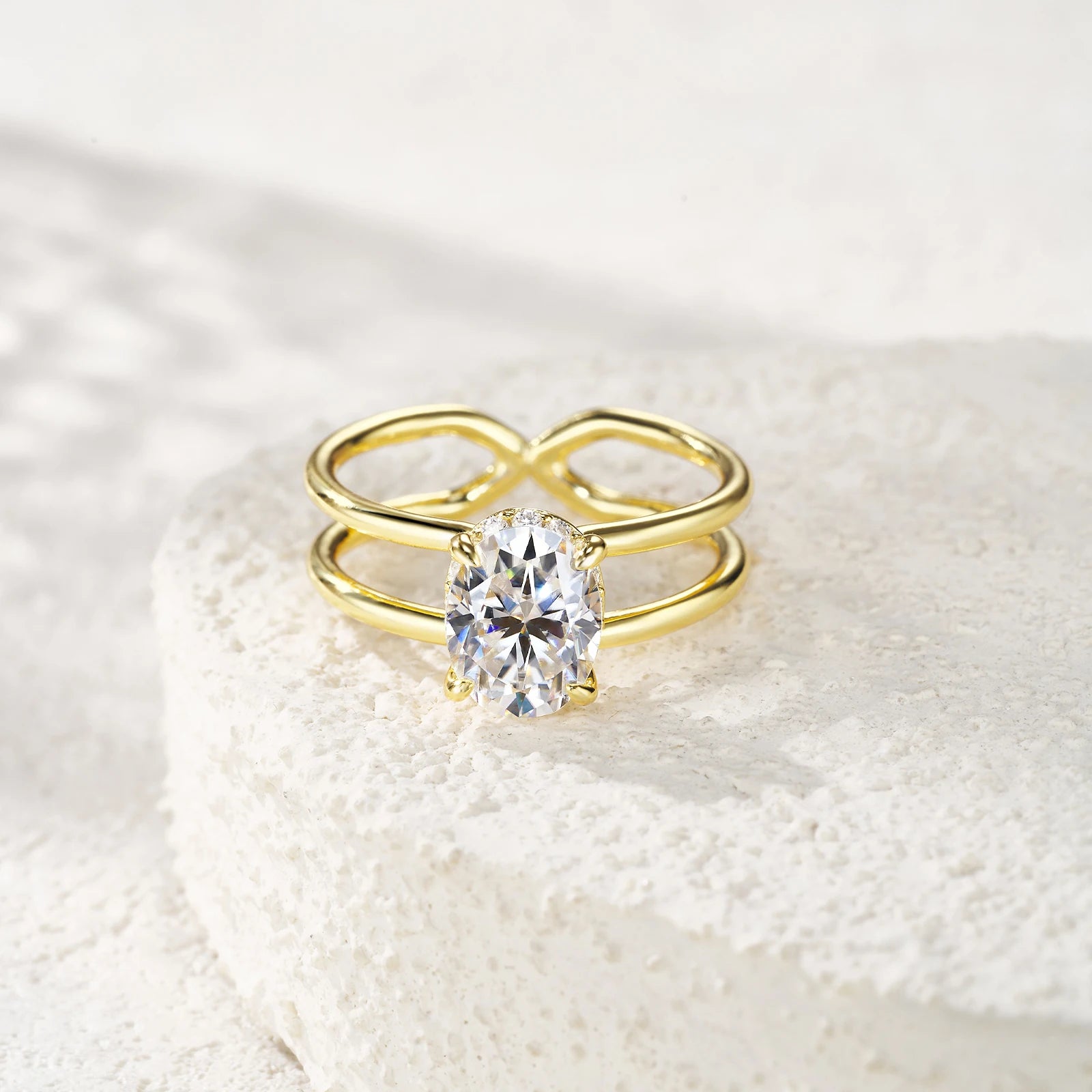 Oval Cut Prong-Set With Infinity Band Gold-Plated S925 Sterling Silver Moissanite Ring Double-Band Ring for Women Daily Ring