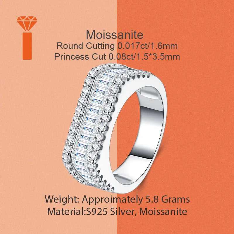 S925 Sterling Silver Wide Statement  Three-Row Mixed-Cut Moissanite Half-Eternity Band Ring Elegant Bridal Fine Jewelry Rings
