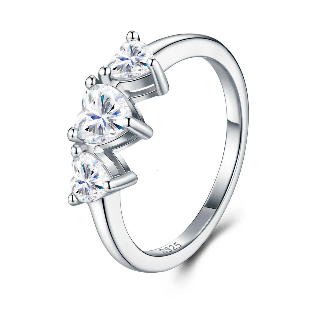 Three-Stone Heart Cut Prong-Set S925 Sterling Silver Moissanite Ring Modern Asymmetrical Promise Ring for Women  Wedding Ring