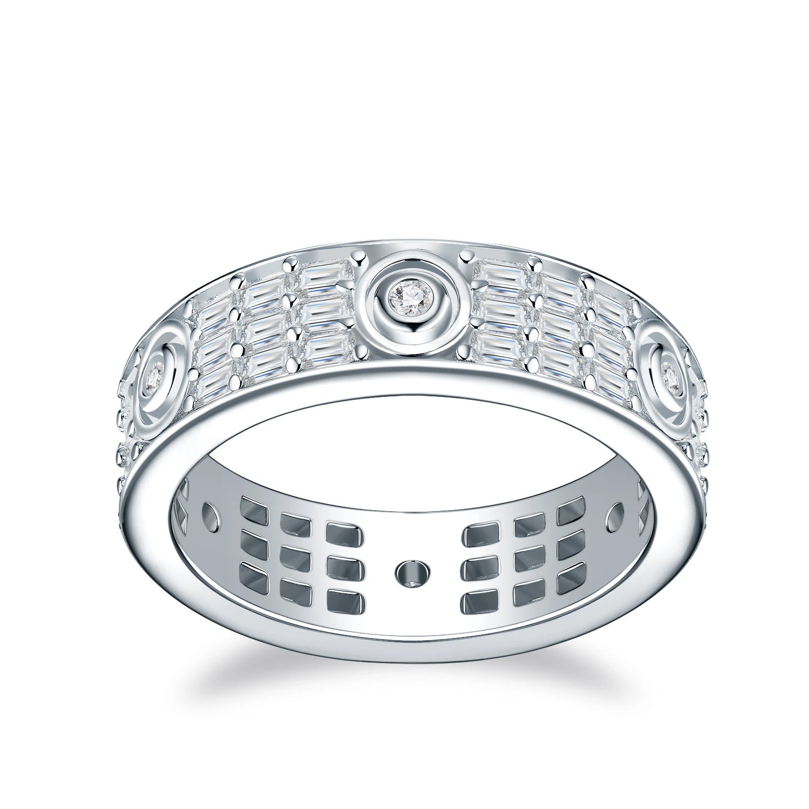 Multi-Row Round Iced-Out S925 Pure Silver Moissanite Band Rotatable Hip Hop Statement Ring for Daily Luxury Band Wedding Ring