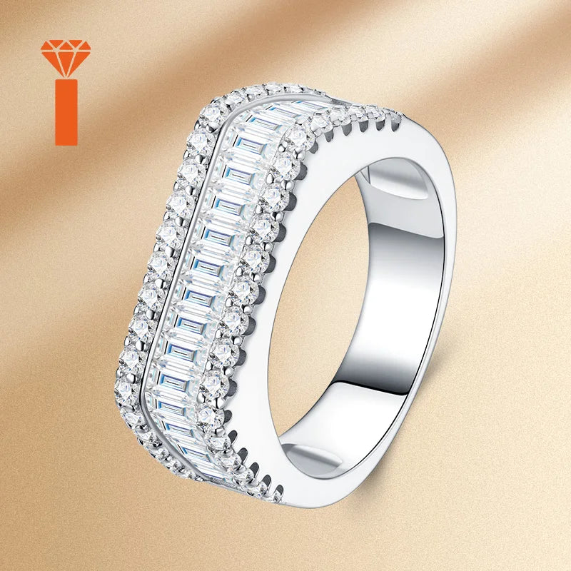 S925 Sterling Silver Wide Statement  Three-Row Mixed-Cut Moissanite Half-Eternity Band Ring Elegant Bridal Fine Jewelry Rings