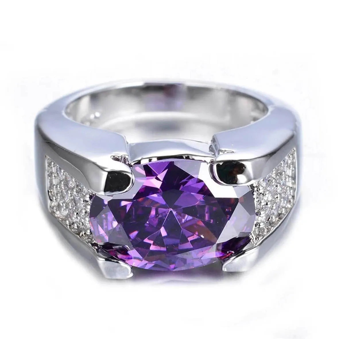 Square-Cut Amethyst Ring with Accent Stones, 925 Silver
